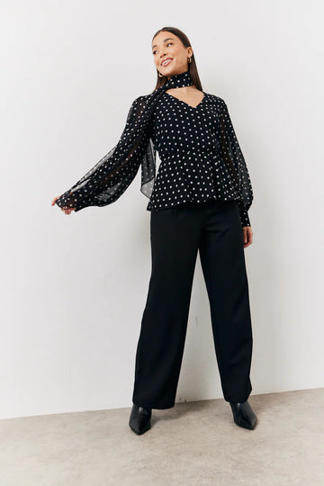 Black Polka Dot Tie Neck Blouse